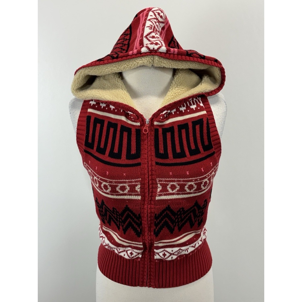 Nike 6.0 Fair Isle Sweater Vest Women's XS Sherpa Hood Full Zip Red Black Ski